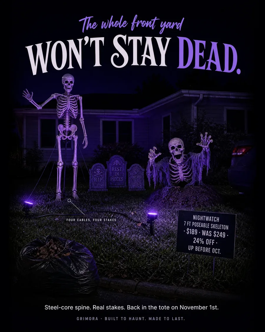 Seven feet, a steel-core spine and four stakes in the lawn. Pose it once in September and it holds that pose t