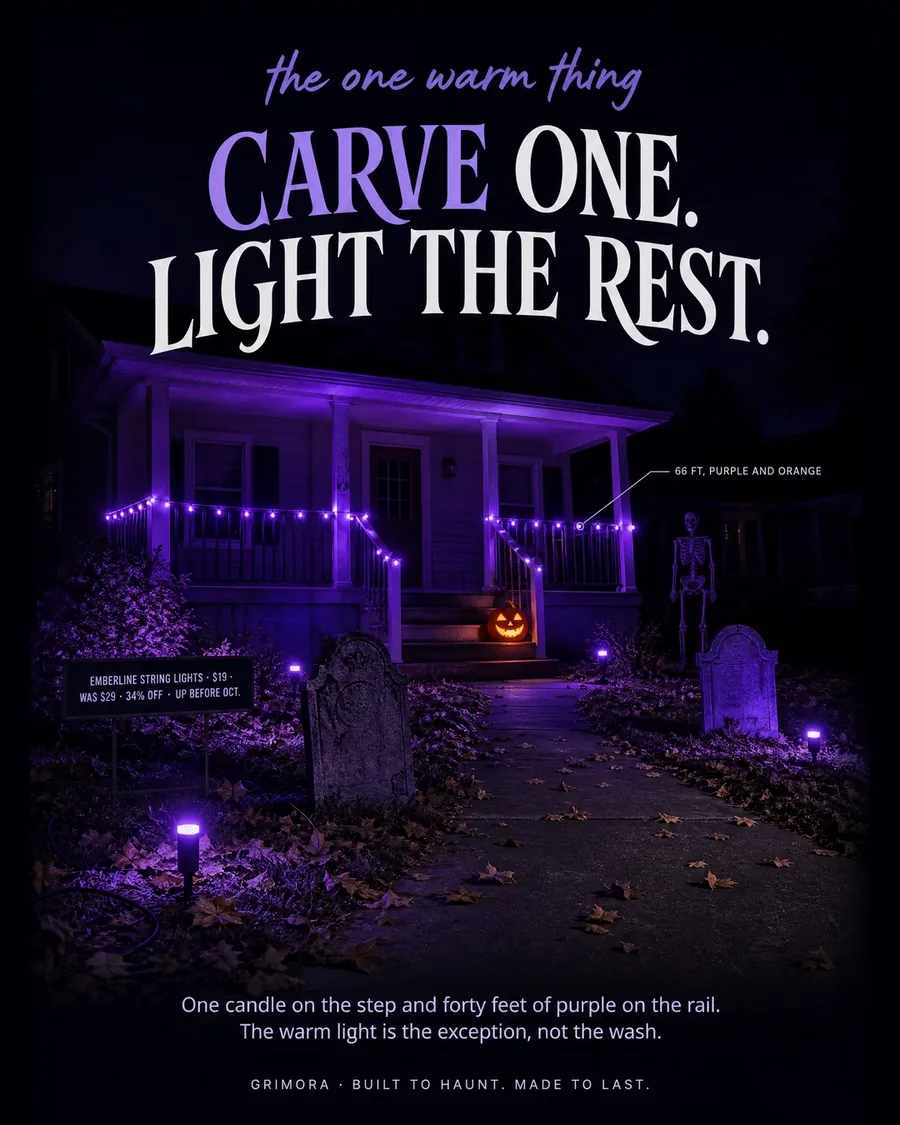 Carve one, light the rest. Nineteen dollars of string lights does more for a porch at 8pm than anything you ca