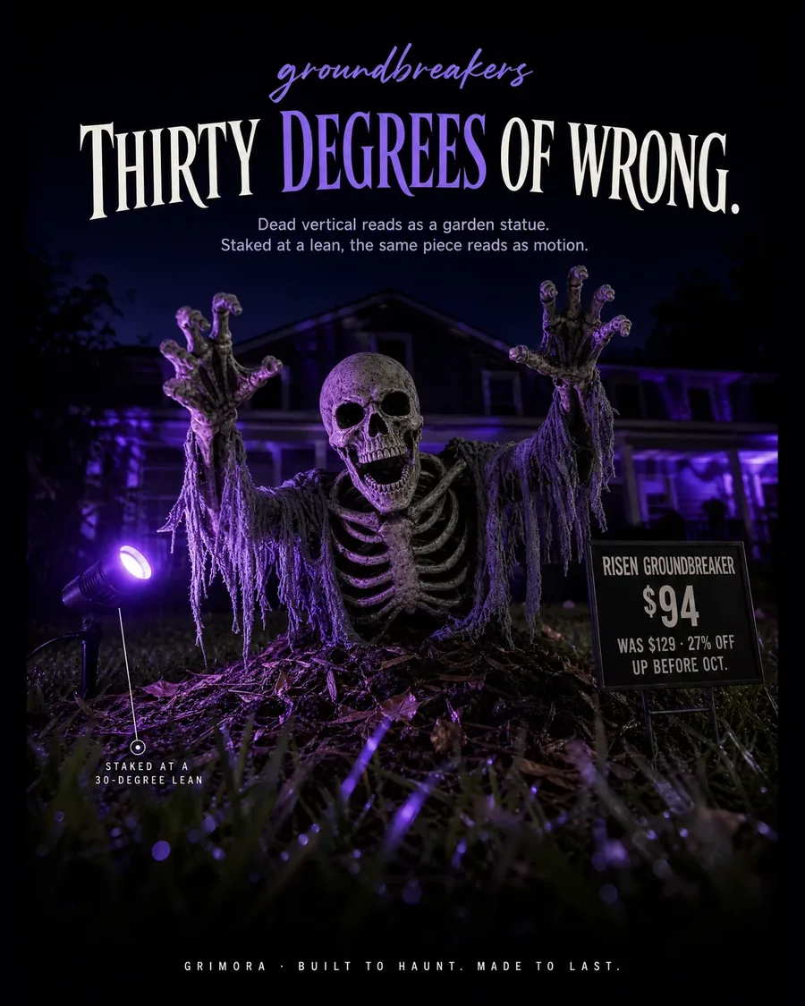 Thirty degrees wrong is the whole trick. A groundbreaker leaning straight up reads as a statue — tilt it towar