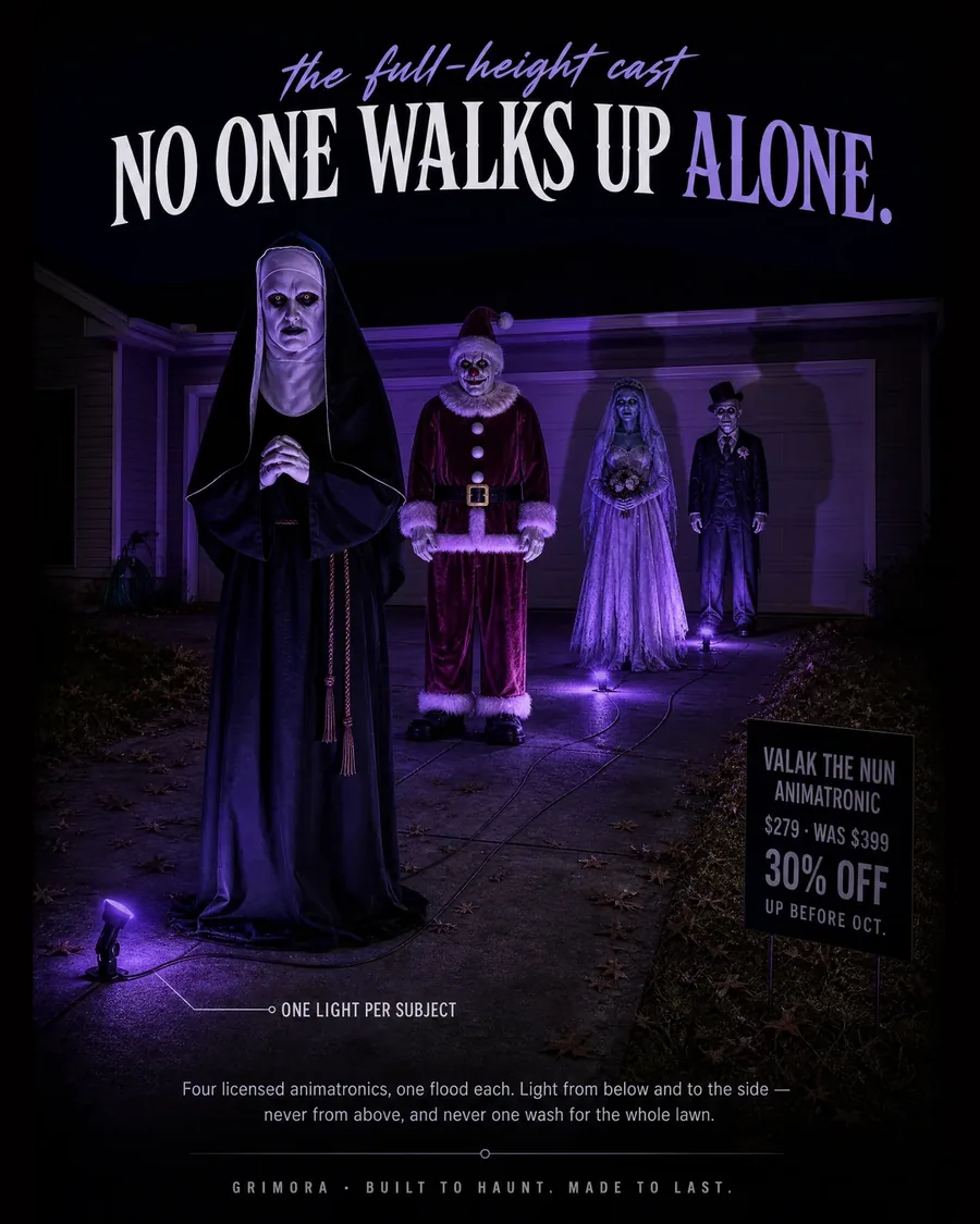 No one walks up alone. Motion-triggered, and the first step onto the path is the one that sets it off.