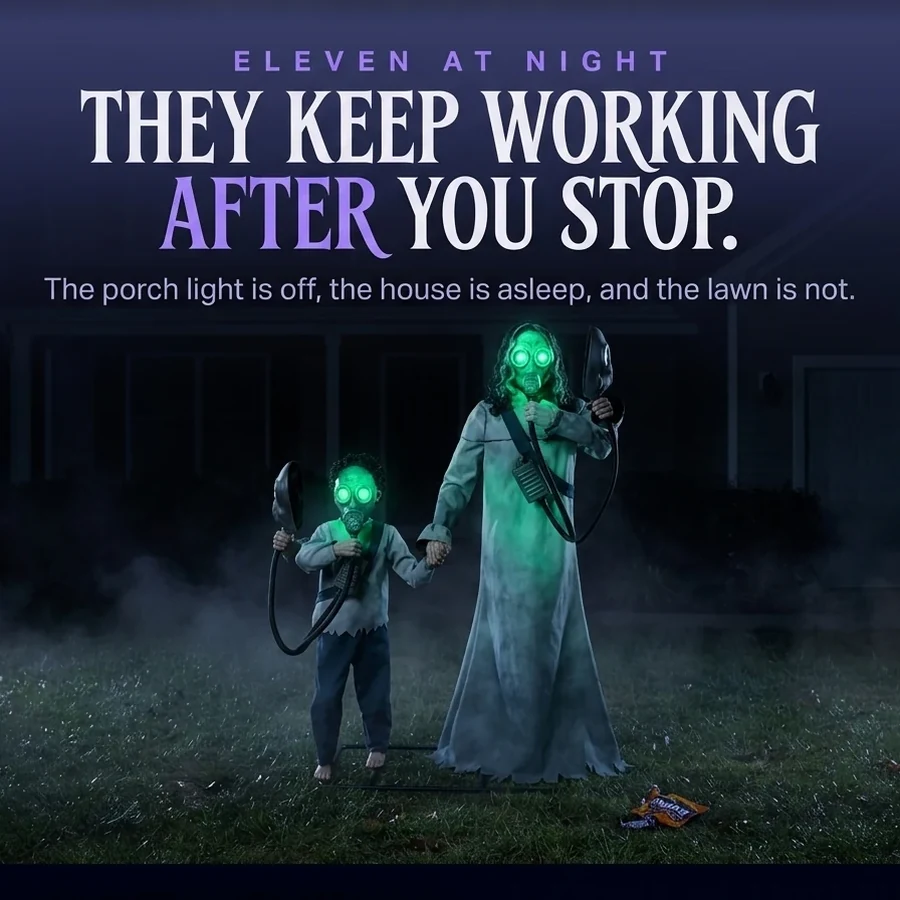 Late at night with every window dark, the two lit faces the only light on the lawn