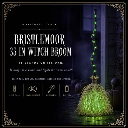 Featured card: the witch broom standing on its own with the handle lit green, specs listed beside it.