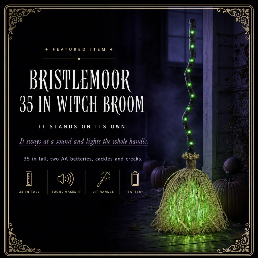 Featured card: the witch broom standing on its own with the handle lit green, specs listed beside it.