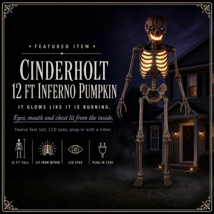 Featured card: the 12 ft skeleton with a pumpkin head burning from within, specs listed beside it.