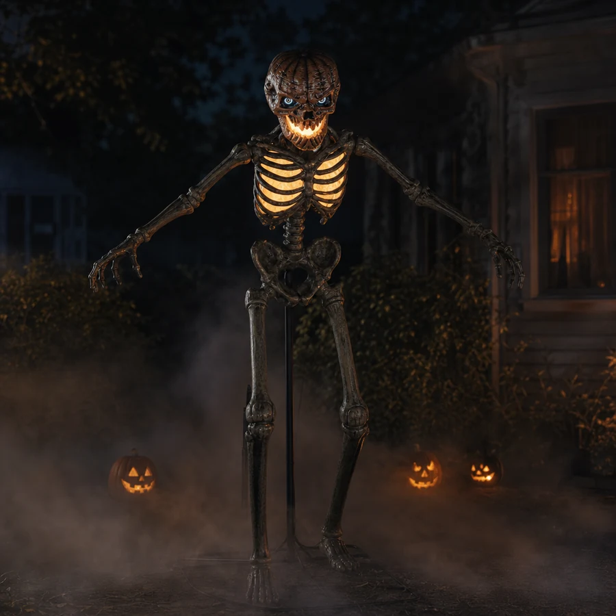 Standing in a fogged front yard at night, glowing amber, small jack-o'-lanterns at its feet