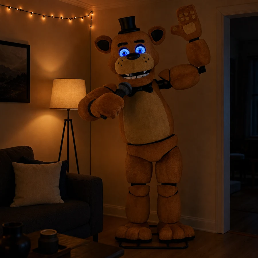 The bear lit in the corner of a dim living room at a party, one arm raised over the furniture