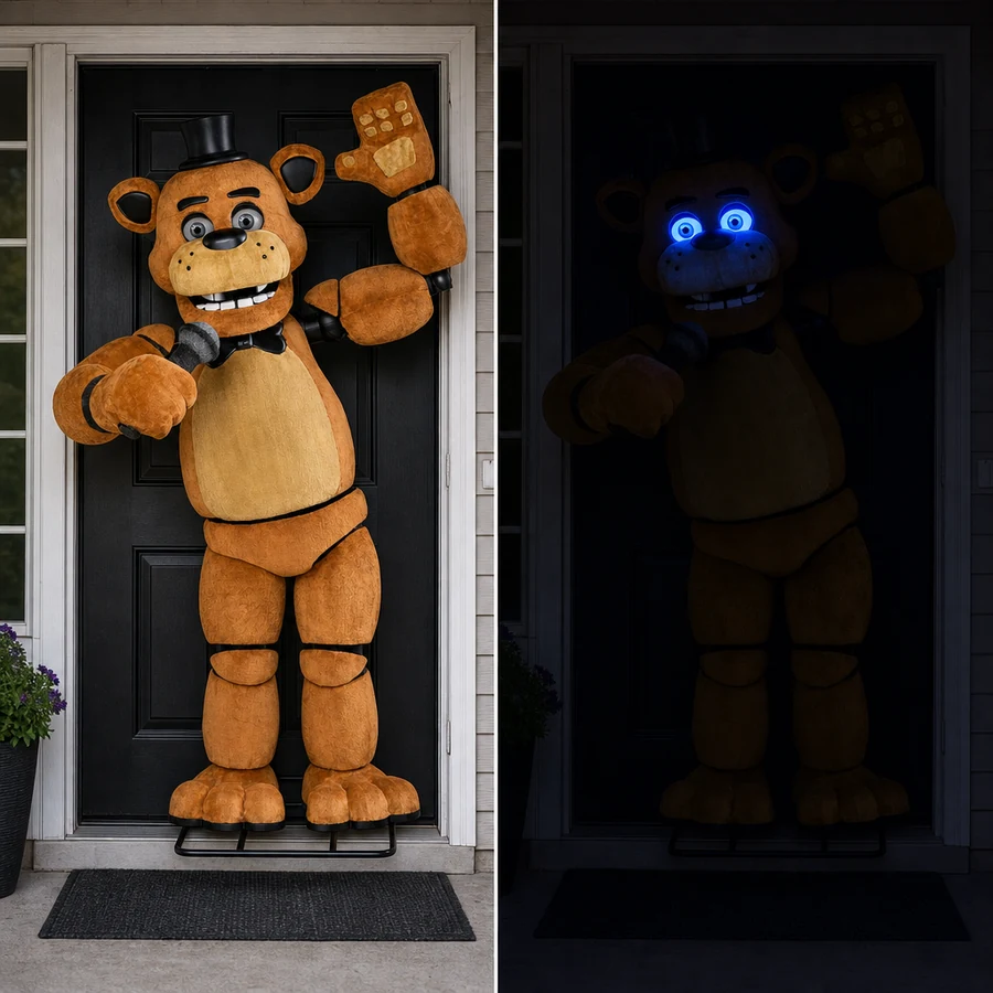 The same doorway twice: the bear with dark eyes by day, and at night with only the two lit eyes reading