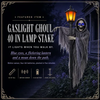 Featured card: the hooded ghoul on its gaslight post lighting a garden path, specs listed beside it.