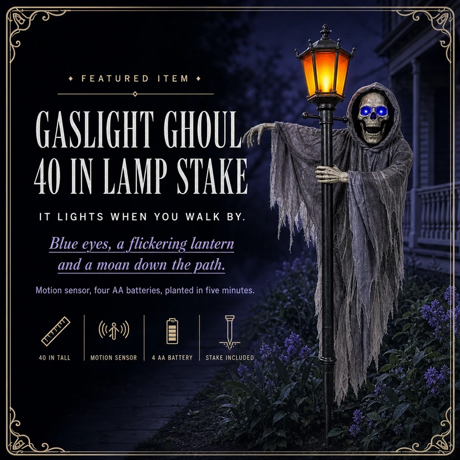 Featured card: the hooded ghoul on its gaslight post lighting a garden path, specs listed beside it.