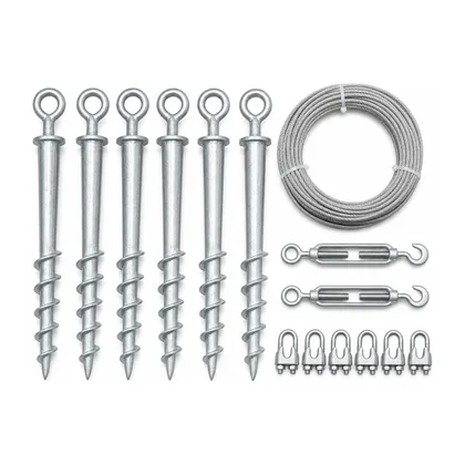 Helical ground stakes, steel cable, tensioners and prop clips laid out flat
