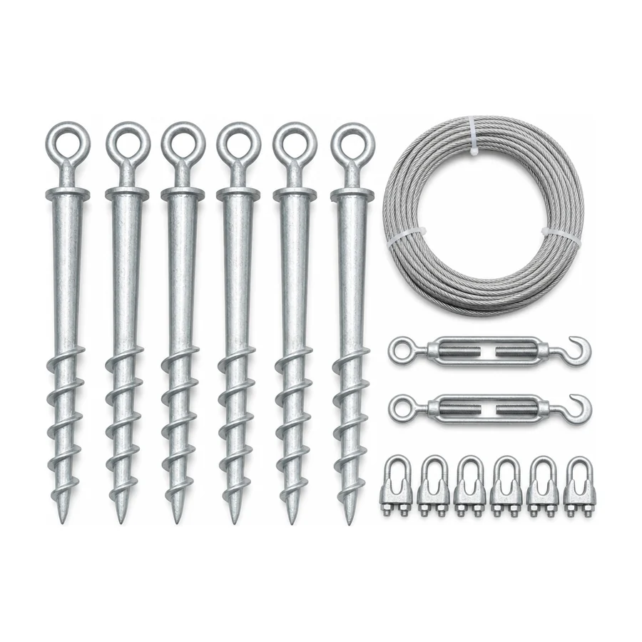 Helical ground stakes, steel cable, tensioners and prop clips laid out flat