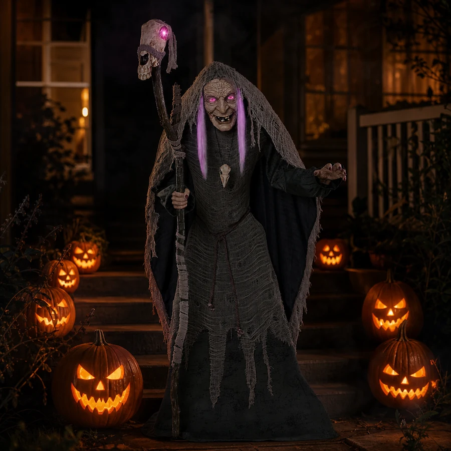 Lit pink among jack-o-lanterns on the steps, on Halloween night