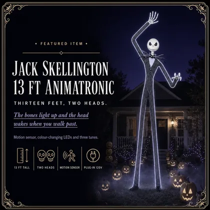 Featured card: the 13 ft striped skeleton figure lit on a night lawn, with its four specs listed beside it.