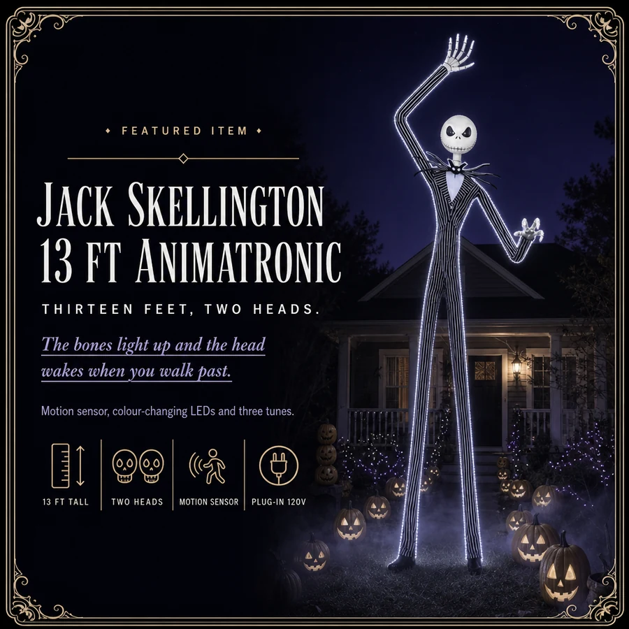 Featured card: the 13 ft striped skeleton figure lit on a night lawn, with its four specs listed beside it.
