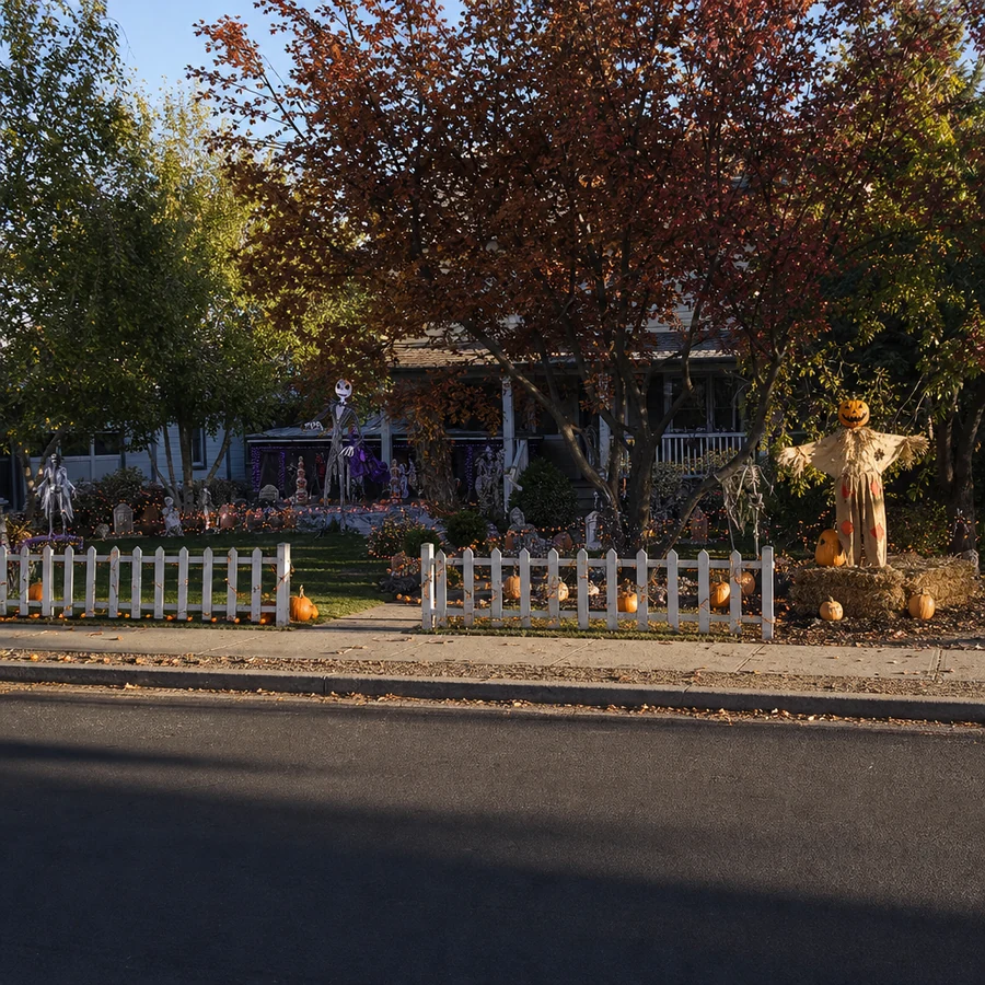 The figure standing among a full decorated front yard display in late afternoon light