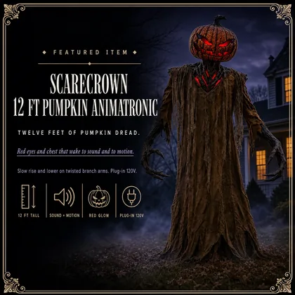 Featured card: the 12 ft pumpkin animatronic in its tattered robe with red eyes, specs listed beside it.