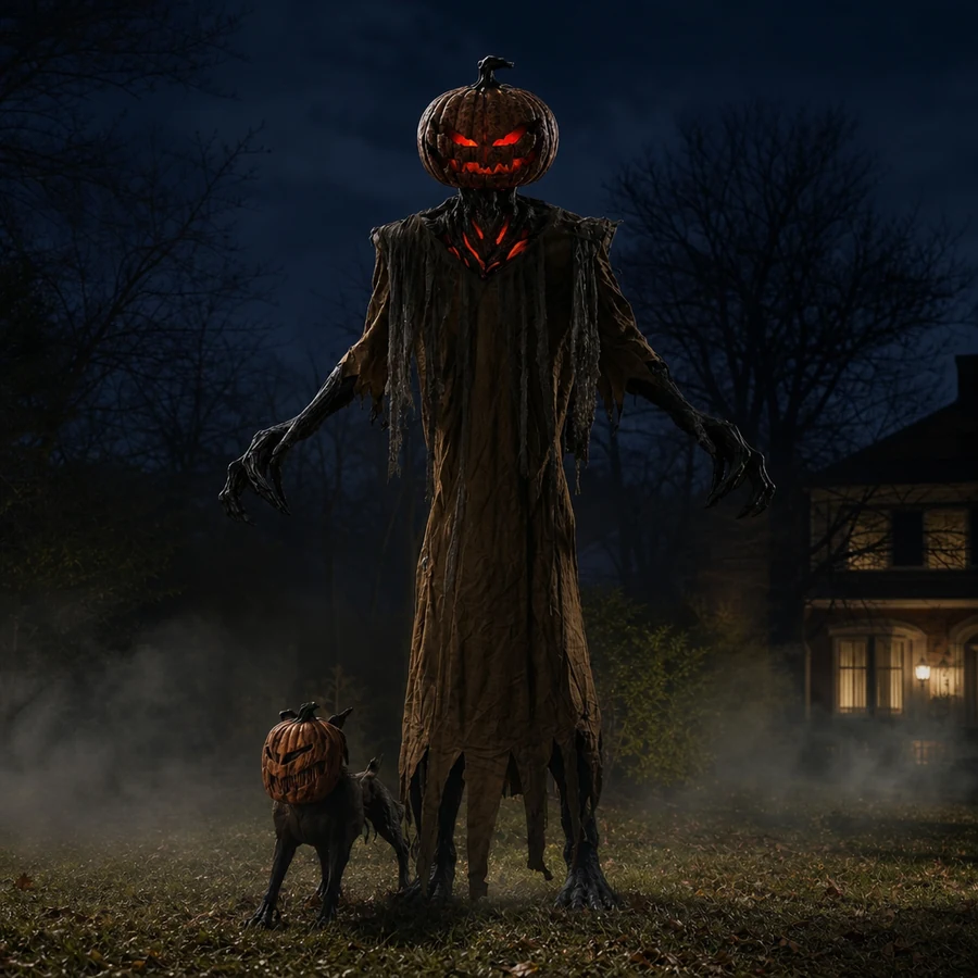 The figure's head and chest glowing red in a fully dark, foggy front yard at night