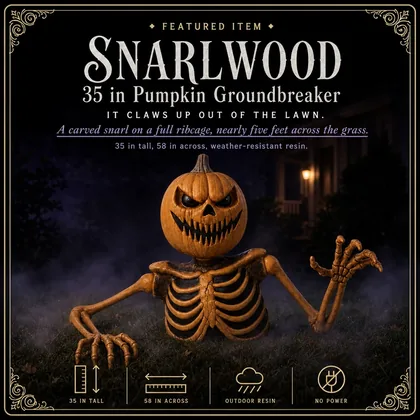 Featured card: the pumpkin-headed groundbreaker clawing out of a foggy lawn, with its height and reach listed.