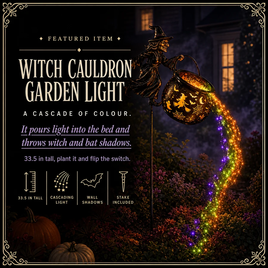 Featured card: the witch and cauldron stake pouring cascading colour into a garden bed, specs listed beside it.