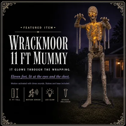 Featured card: the 11 ft mummy glowing amber through its wrapping on a night lawn, specs listed beside it.