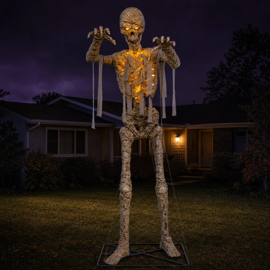 Wrackmoor 11 ft Mummy set up on a suburban front lawn at night, lit against the house