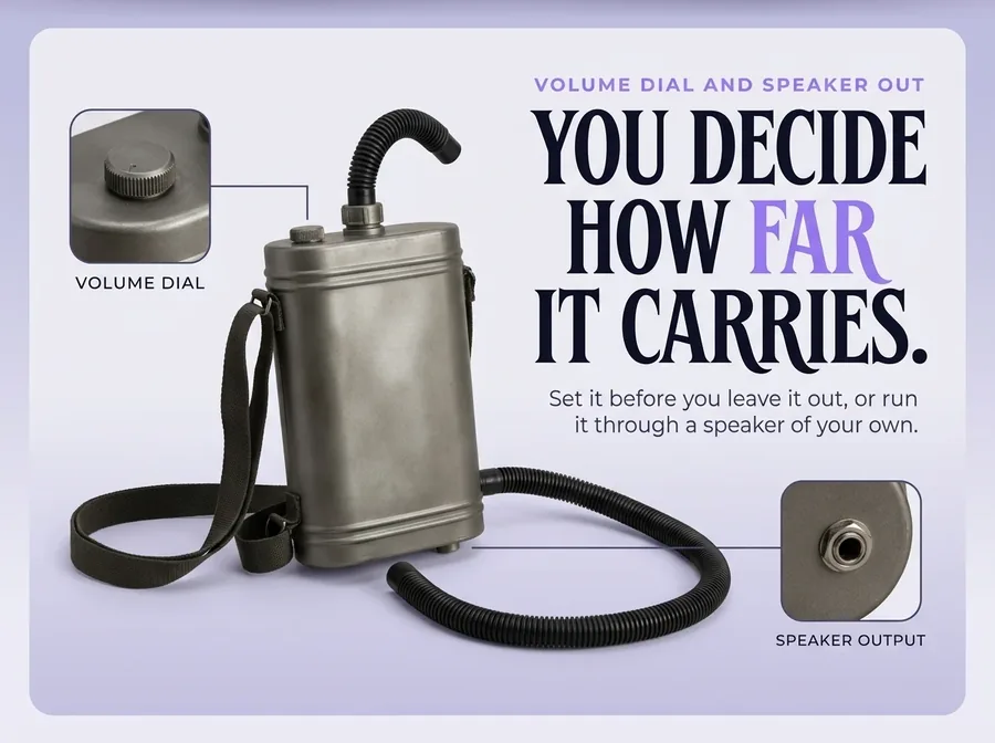 Studio detail on lavender: the canister pack on the chest, with the volume dial and the speaker output called out.