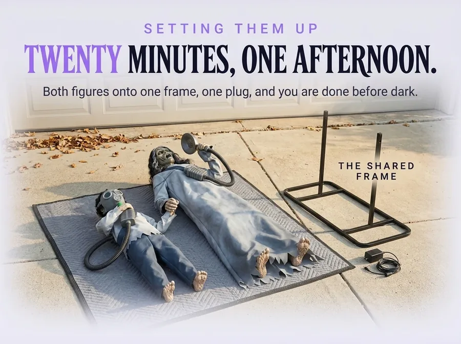 Afternoon daylight on a driveway: the two figures and their shared metal frame laid out before they are stood up.