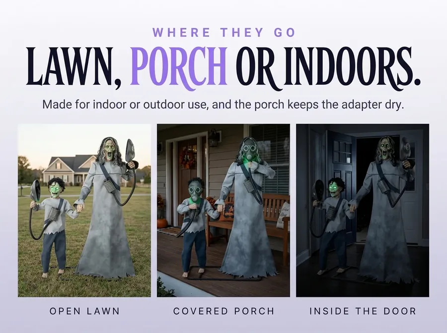 Three photographs: the pair on an open lawn, on a covered porch and just inside an entry hall by the door.