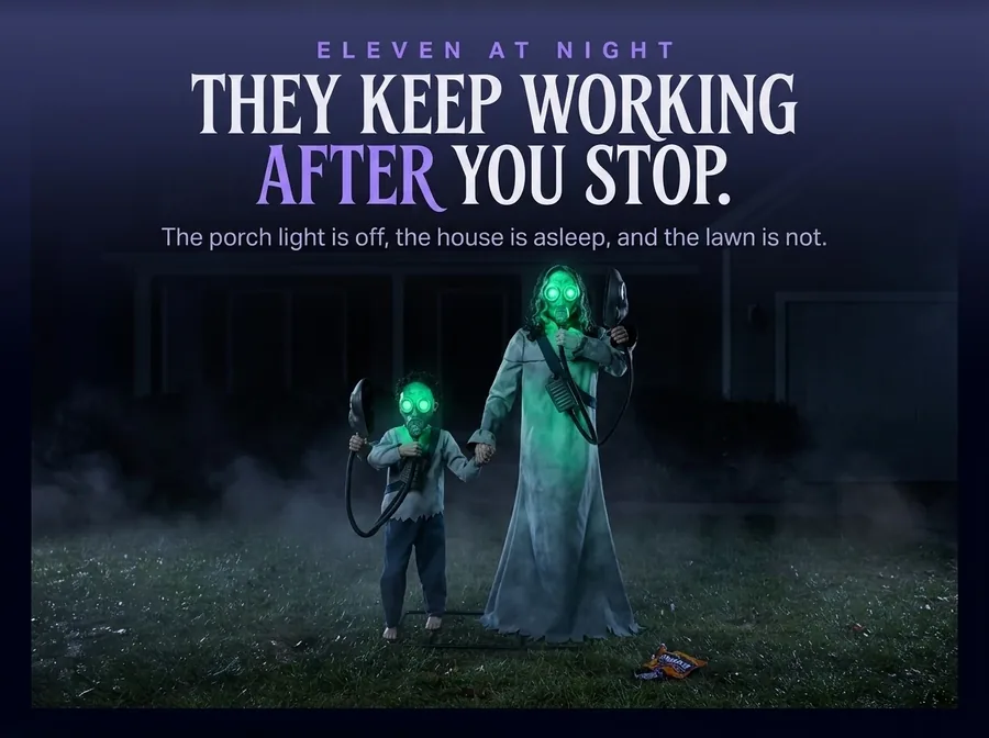 The same lawn late at night, every window dark, the two green faces the only light left in the photograph.