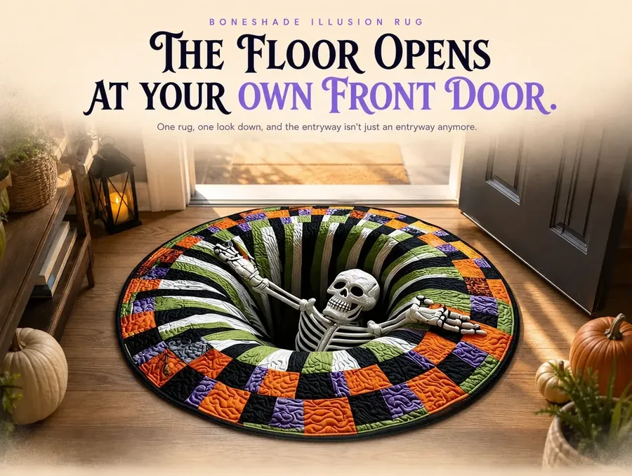 Overhead view of a skeleton rising through an orange, green, purple and black striped board pattern on an entry rug.
