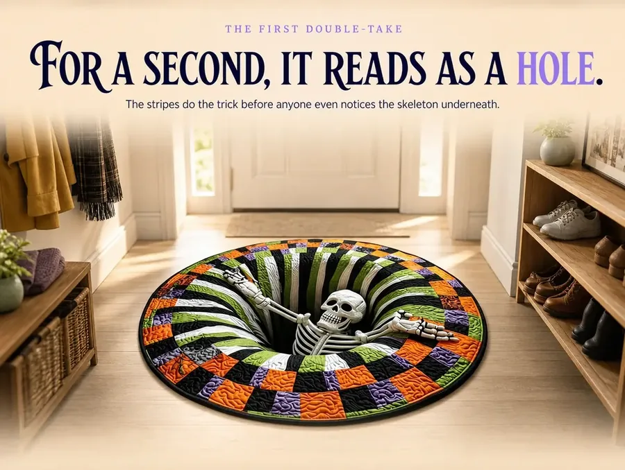 A hallway view toward a front door where the striped illusion rug briefly reads as an opening in the floor.