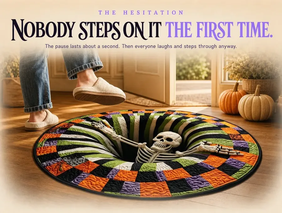 A slipper-clad foot pausing mid-air above the rug, hesitant to step onto the illusion of an open floor.