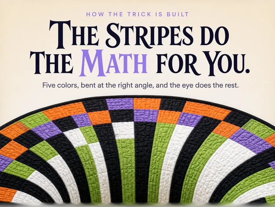 Macro crop of the rug's orange, green, purple, white and black stripes bending to mimic a receding floor.