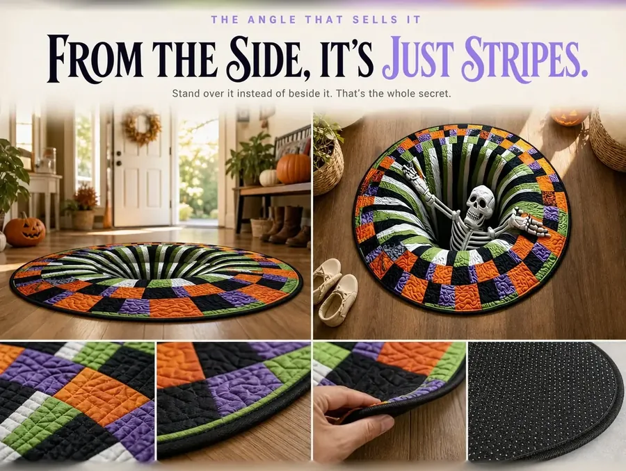 Split image comparing the rug seen from a low side angle against the same rug seen from directly overhead.