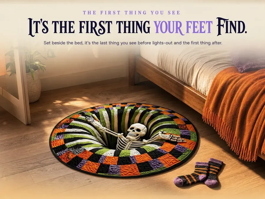 The illusion rug placed beside a bed in warm afternoon light, with a pair of socks left on the floor nearby.