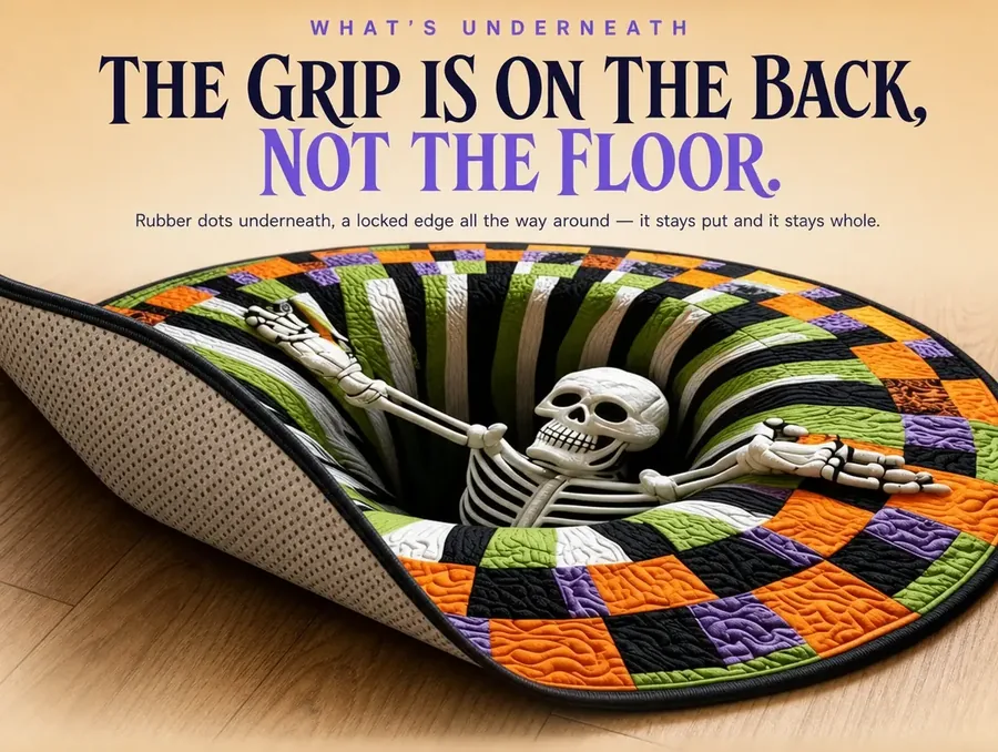 The rug's corner peeled back to show its rubber-dot non-slip backing and a tightly locked outer edge.