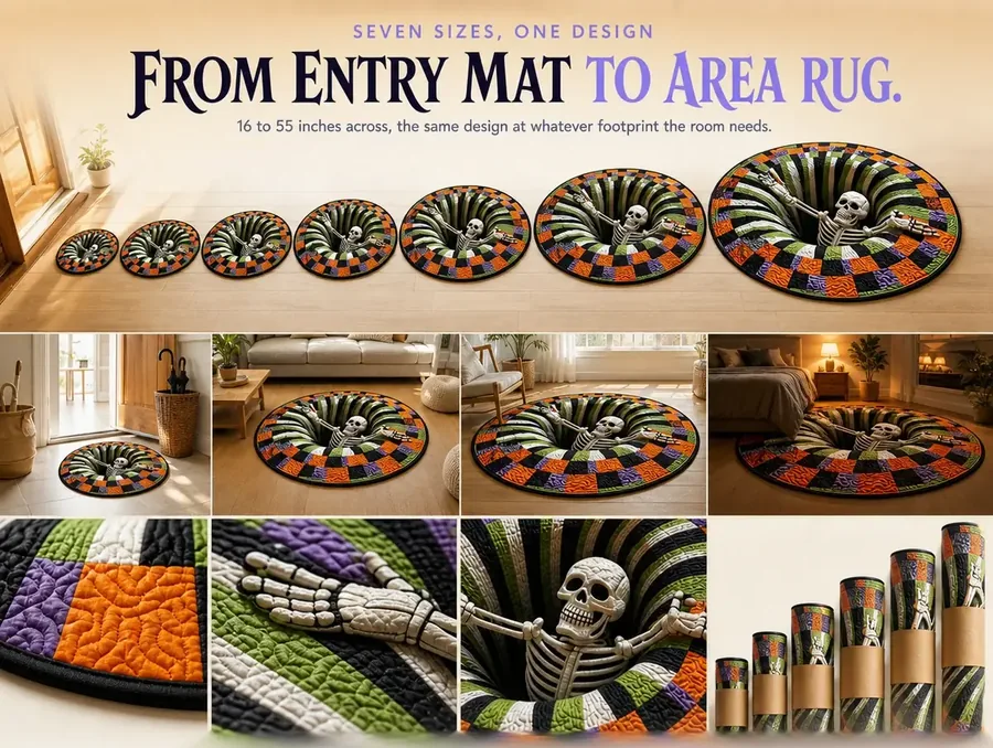 Seven identical illusion rug designs laid out from smallest entry-mat size to largest area-rug size.