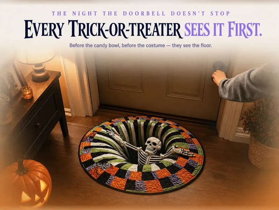 A warmly lit entryway at dusk with a hand reaching for the door, the illusion rug laid in front of it.