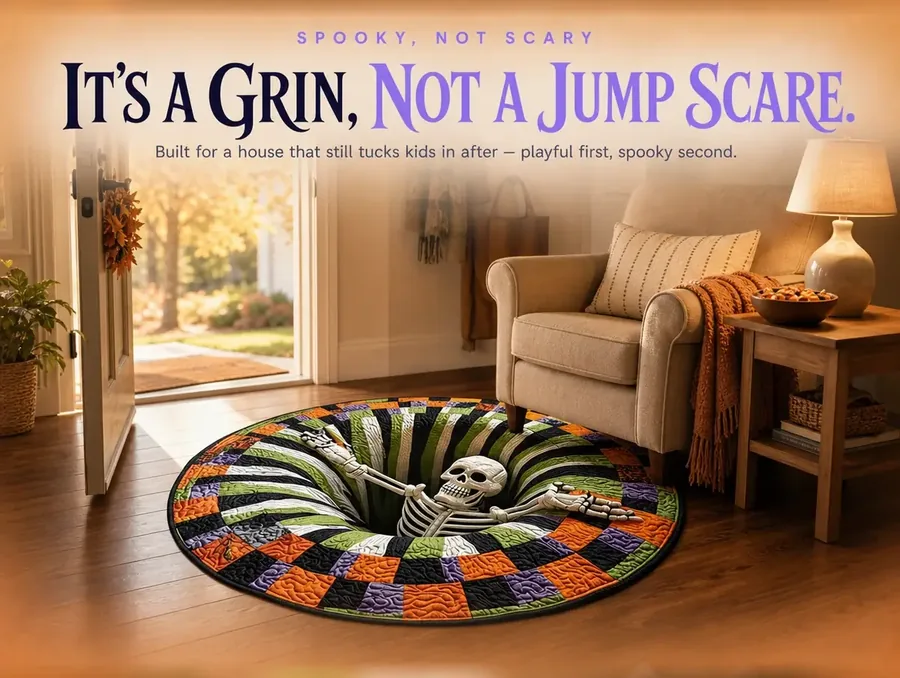 A cozy, warmly lit living room in the evening with the illusion rug on the floor beside an armchair and candy bowl.