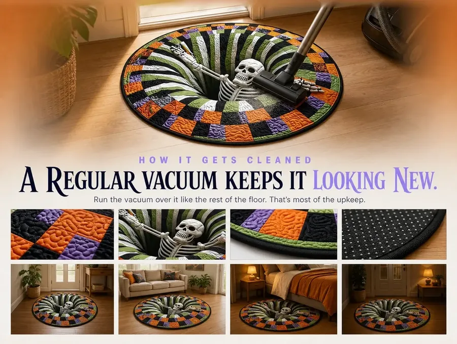 A vacuum cleaner head passing over the surface of the illusion rug in bright, even light.