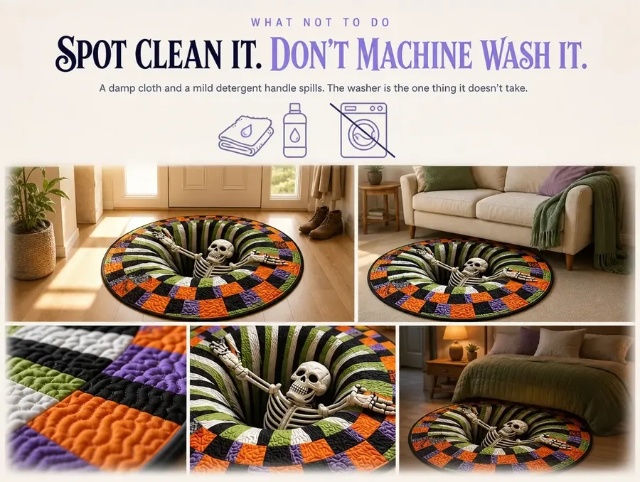 Flat icon panel showing a damp cloth and detergent bottle beside a washing machine icon crossed out.