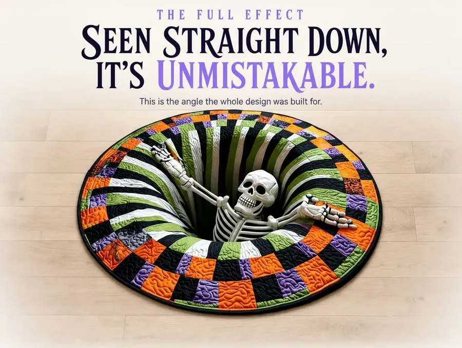 A perfectly overhead flat-lay of the round illusion rug showing the skeleton and striped board design in full.