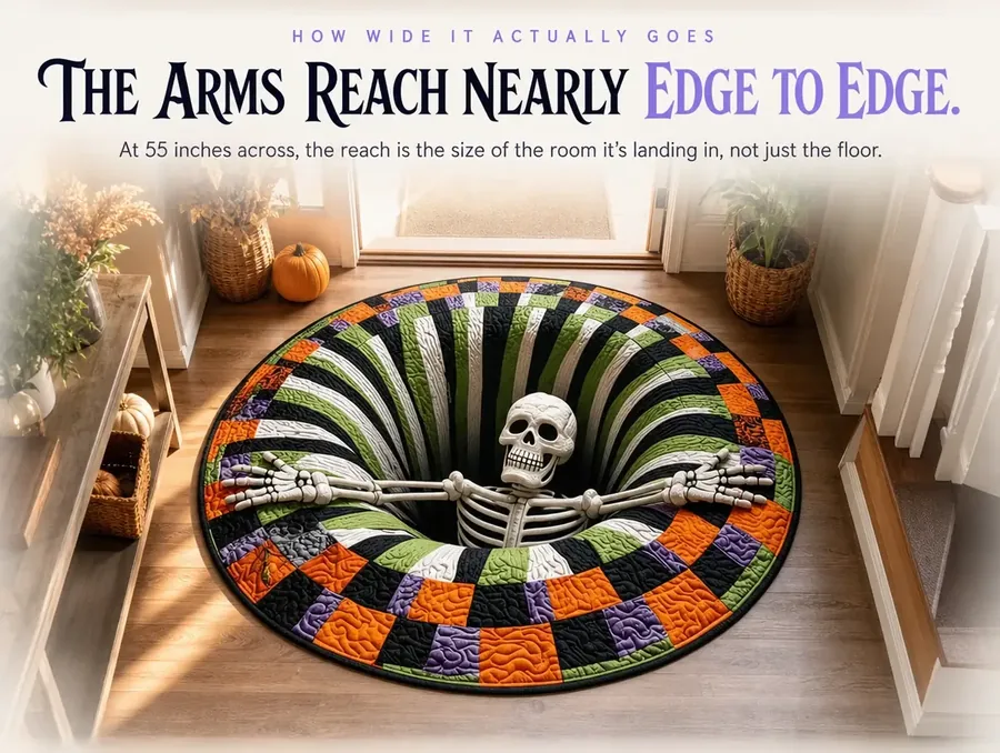 Overhead view of the largest rug size beside a doorway for scale, the skeleton's arms spanning nearly the full width.