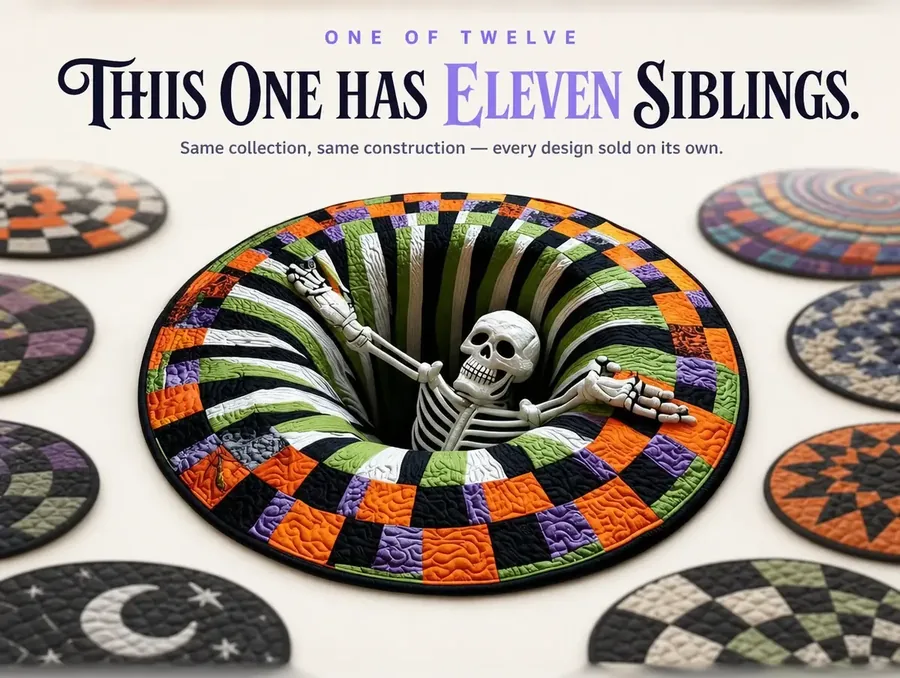 The illusion rug centered in sharp focus surrounded by soft out-of-focus color swatches hinting at a wider collection.