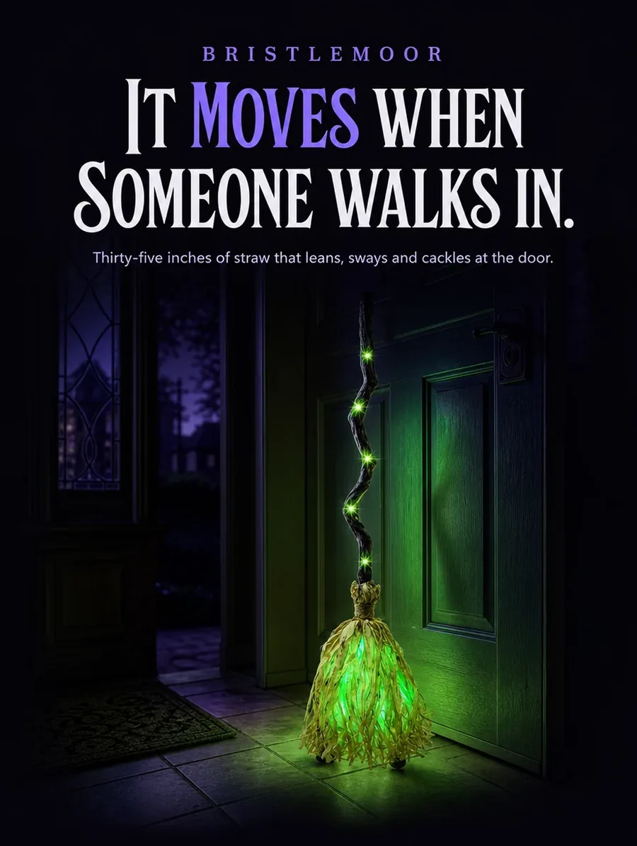 The broom lit green just inside a front door at night, leaning as if it has just moved