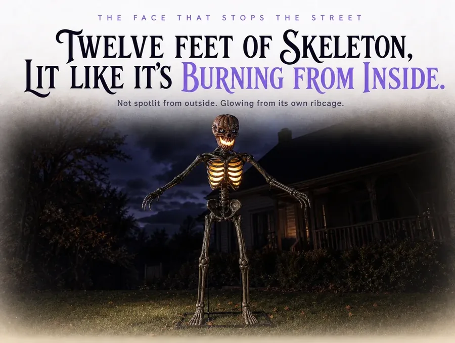The full standing skeleton glowing warm amber from its mouth, eyes and ribcage in a dark yard.