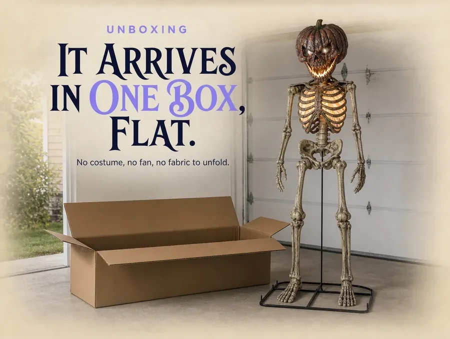A plain unmarked shipping box open on a garage floor in daylight.