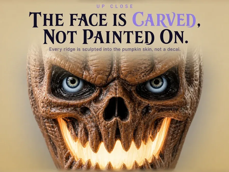 Extreme close-up of the carved pumpkin-skull face and its glowing pale blue eyes.