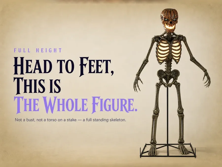 Clean studio shot of the full standing skeleton figure from head to feet.