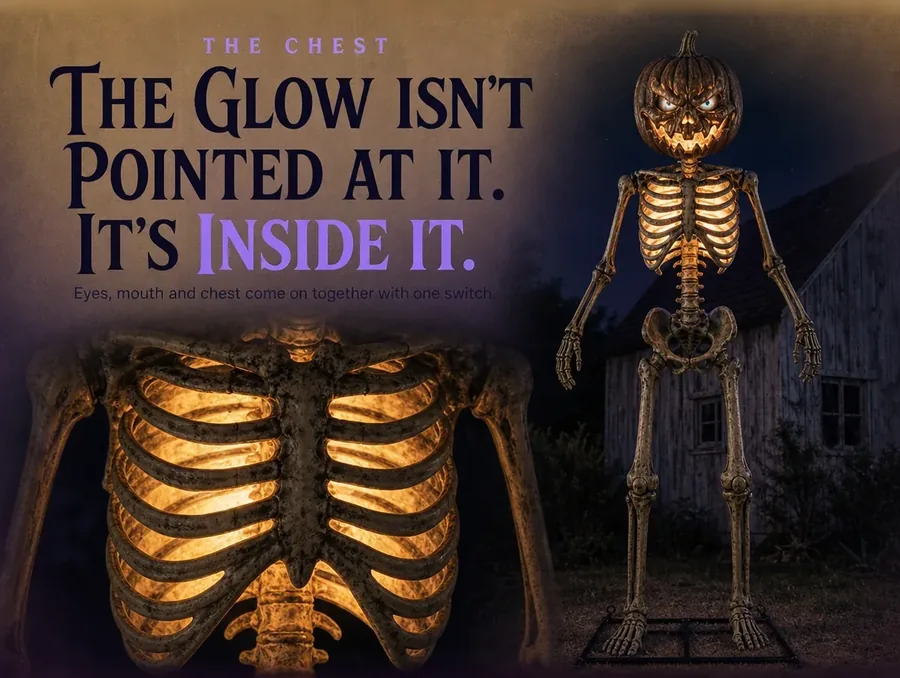 Night macro of the ribcage and spine lit warm amber from inside the chest cavity.